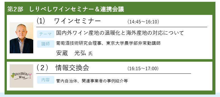 第2部の内容紹介です。葡萄酒技術研究会理事の安蔵氏の講演と、関係団体や市町村からの情報提供、ワイン生産者による情報交換を行います。